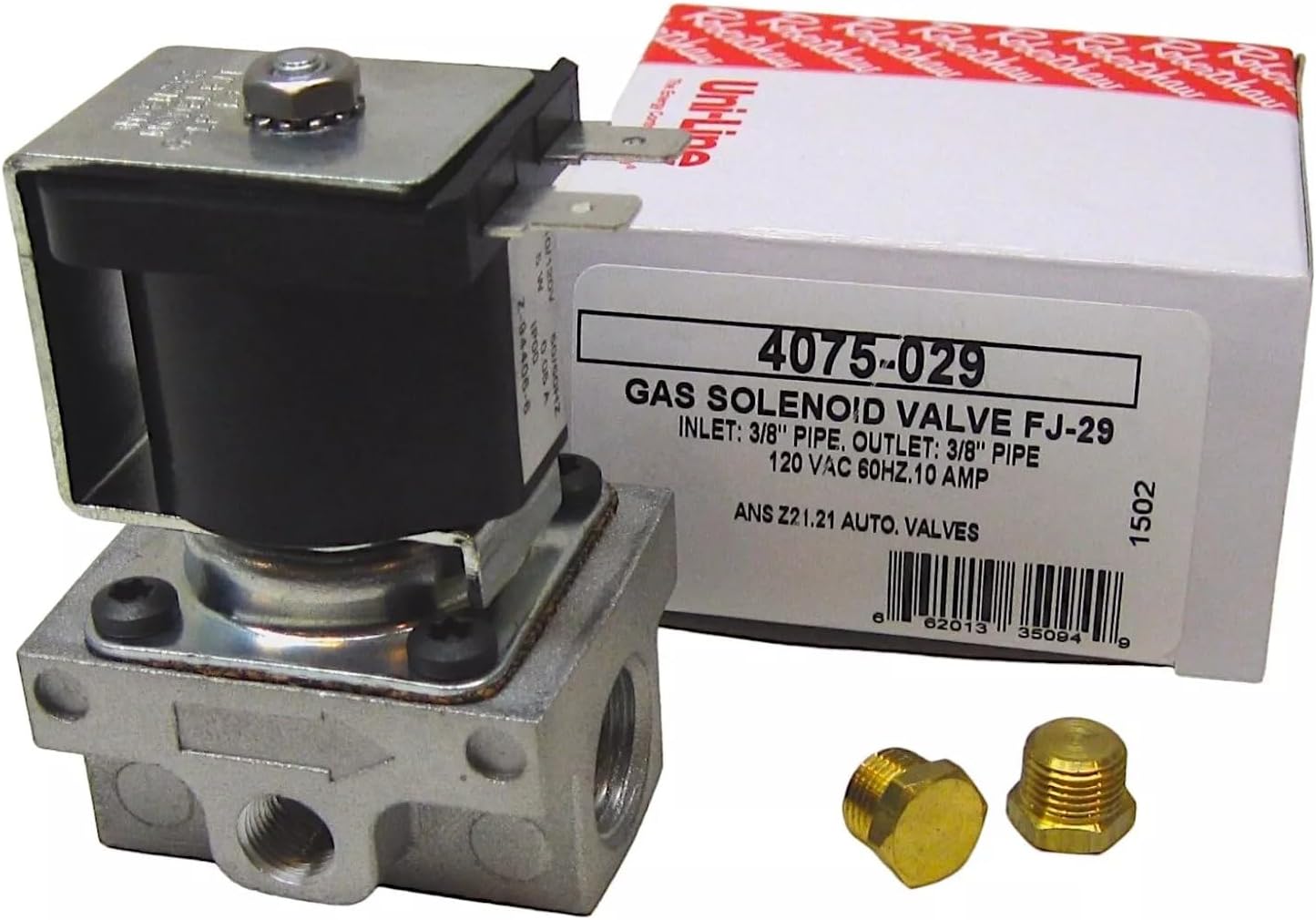 The 4075-029 Gas Solenoid Valve in its original packaging, showing the product label with part number and specifications.