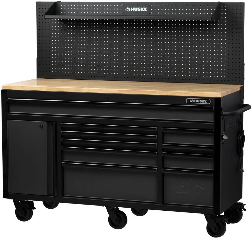 Husky 61 in. W 23 in. D 10-Drawer 1-Door Mobile Workbench with Solid Wood Top and Flip-Up Pegboard in Textured Black