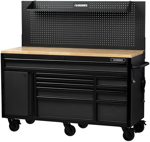 Husky 61 Inch Mobile Workbench with 10 Drawers, Solid Wood Top & Flip-Up Pegboard - Steel Work Center Husky 61 Inch Mobile Workbench with 10 Drawers, Solid Wood Top & Flip-Up Pegboard - Steel Work Center