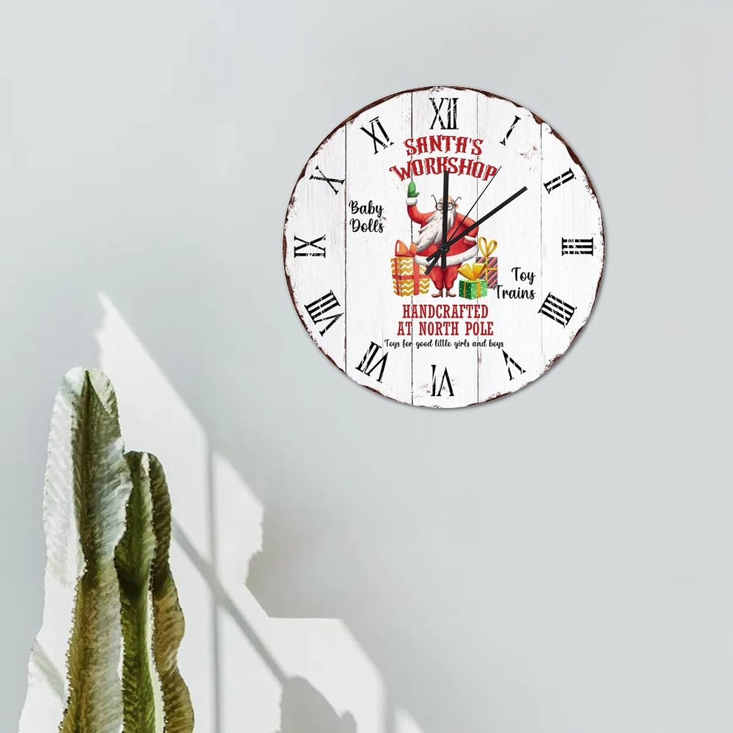 15in Wall Clock Christmas Santa Wooden Clock Roman Numerals Personalised Non Ticking Analog Battery Operated Funny Novelty Home Accessories for Home Sunroom Restaurant Patio image 4