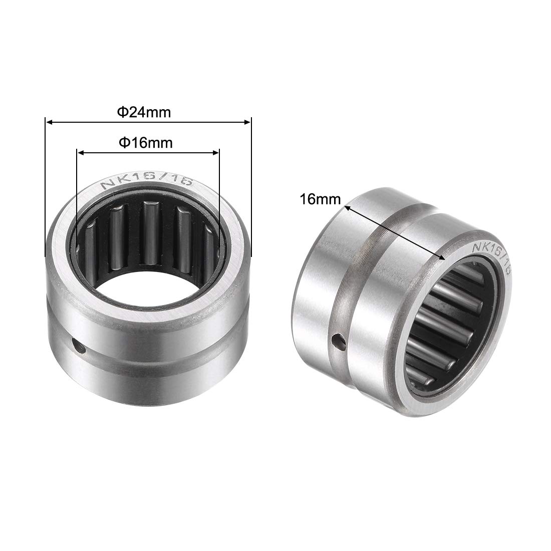 sourcing map 2 Stück Nadellager NK16/16 Geöffnete Ende 16mm x 24mm x 16mm aus Chromstahl