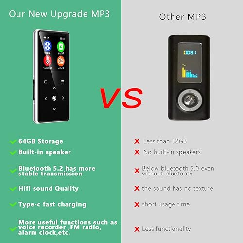 Miniatura 6 de Reproductor MP3 de 64 GB con Bluetooth 5.2, reproductor de música AiMoonsa con altavoz HD integrado, radio FM, grabadora de voz, sonido de alta