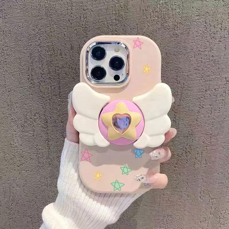 Image of COVERLY 3D Cute Magical Fairy Angel Wings Folding Fly Cartoon Magic Stars Premium Heart Shaped Diamond Phone Stand Holder Soft Silicone Cover Girly Love Cute Adorable Case for Apple iPhone 12 Pro
