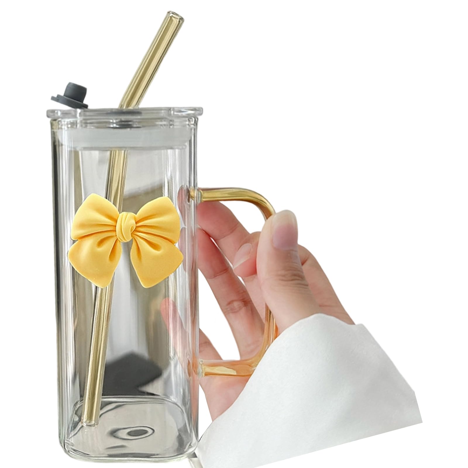 Kalttoy 400ml Glass Straw Tumblers with Lid and Handle Square Drinking Cup Clear Glass Drinkware Birthday Gift Clear Cup with Lid