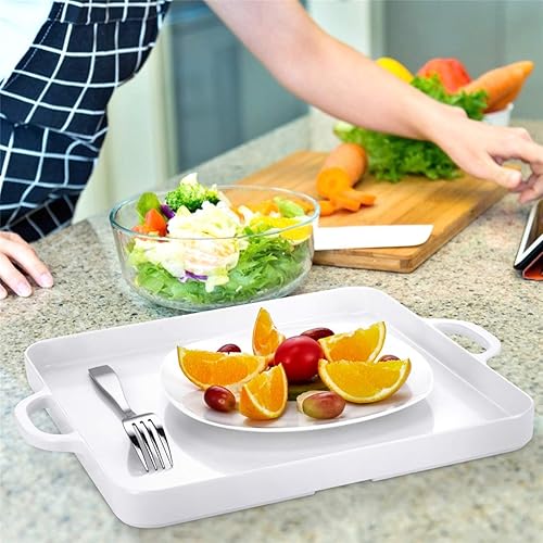 Miniatura 4 de Bandejas cuadradas para servir con asas, color blanco melamina de 12.5 x 12.5 pulgadas, a prueba de derrames, juego de 2 bandejas para cocina,