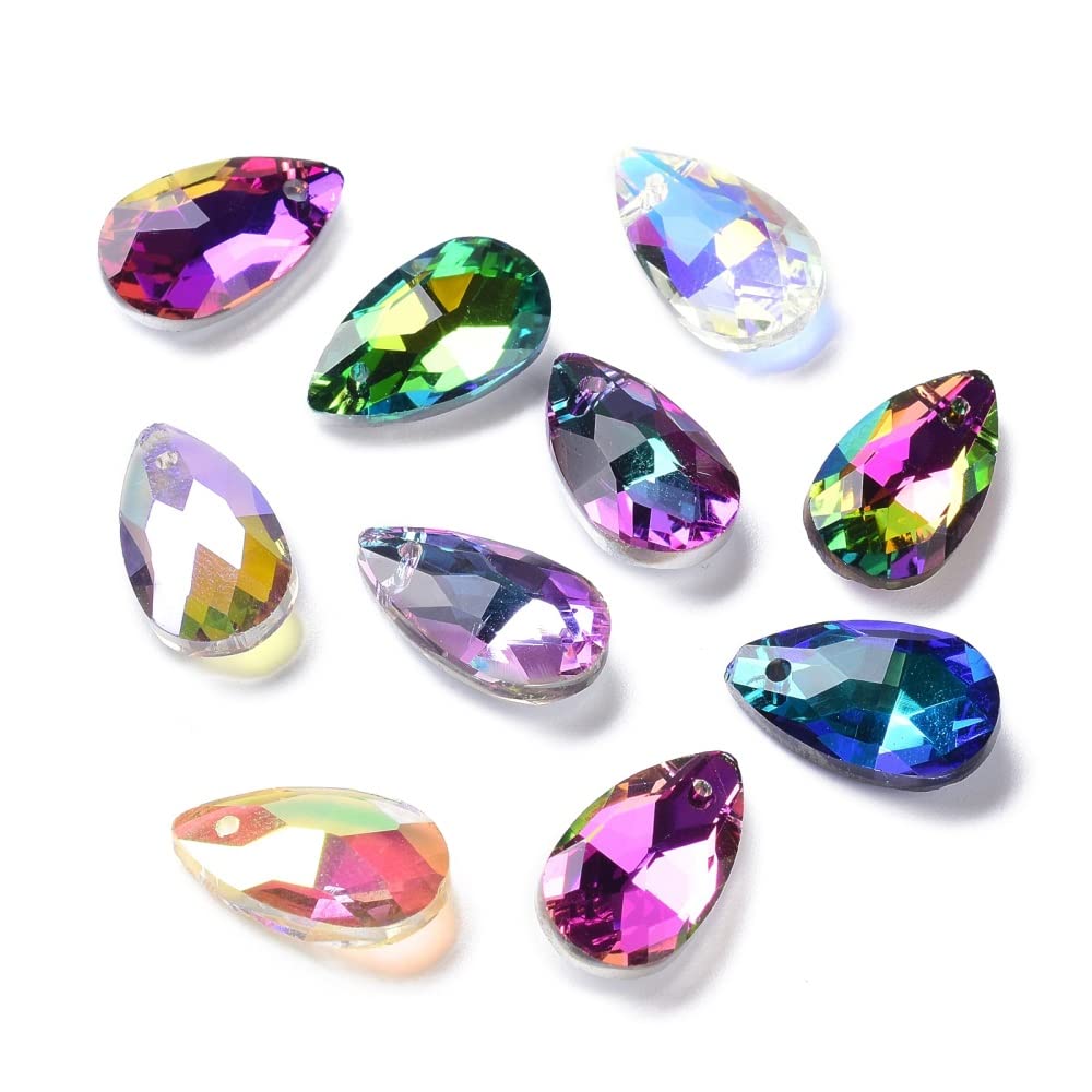 KitBeads 100pcs Transparent Glass Water Drop Faceted Drop Charms - Rainbow Color Crystal Teardrop Charms for Jewelry Making Bulk