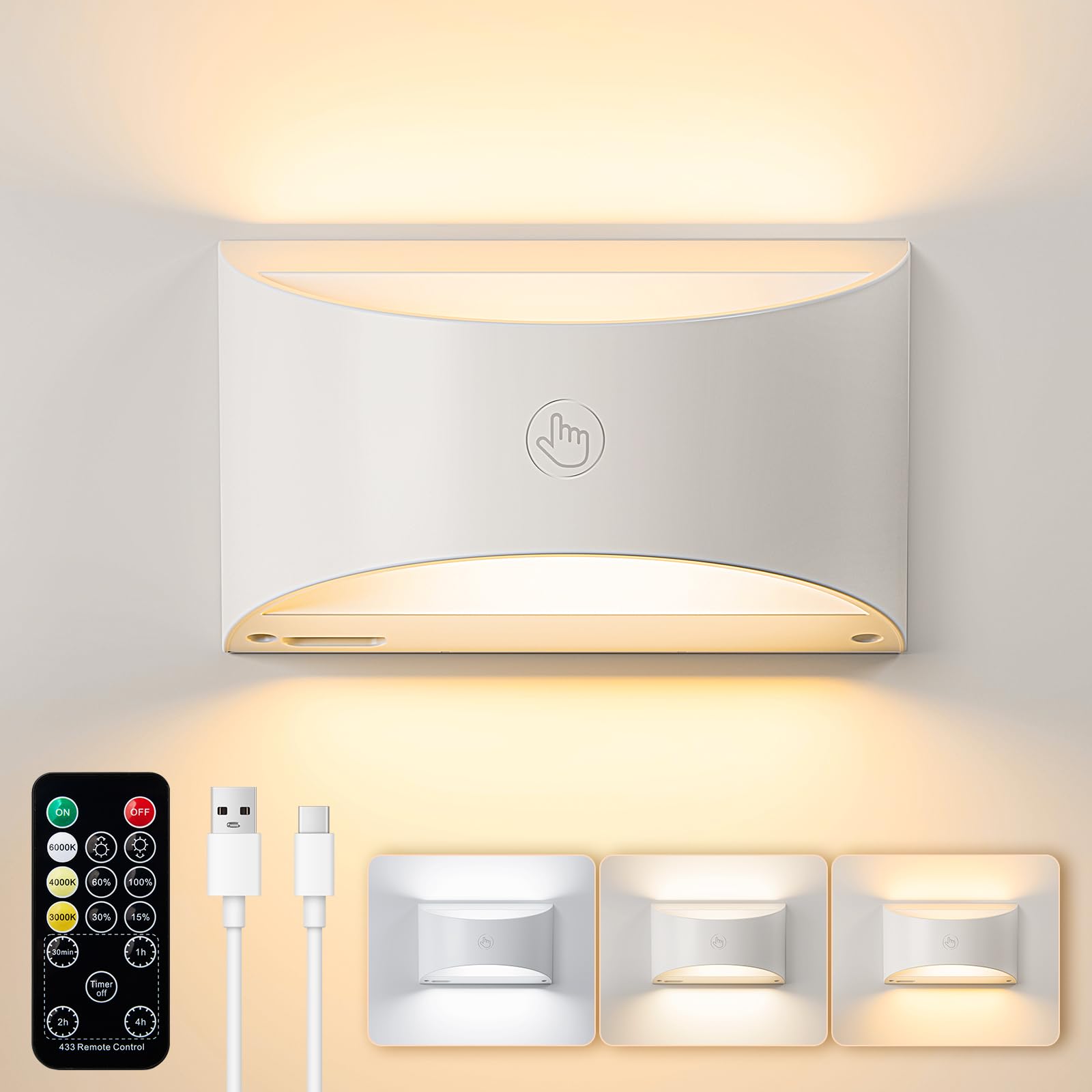 Brightown Magnetic Wall Sconce with Stepless Dimming, 3 Color Temperatures, Versatile for Indoor Spaces - No Drilling Needed (White)