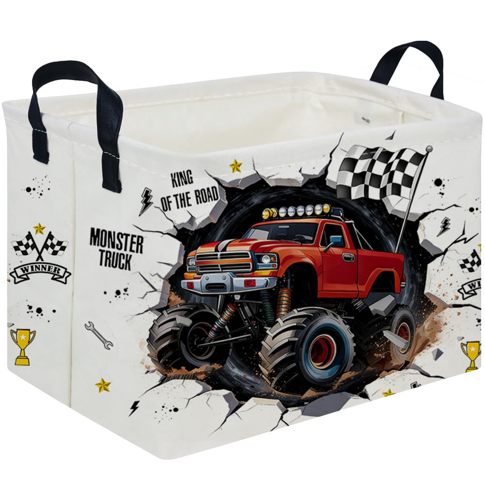 Rectangular Monster Truck Basket,Racing Car Storage Baskets,Cute Basket for kids with Handles,Kid Room Decor Gift,Car Room Decor,Book baskets(Monster Truck)