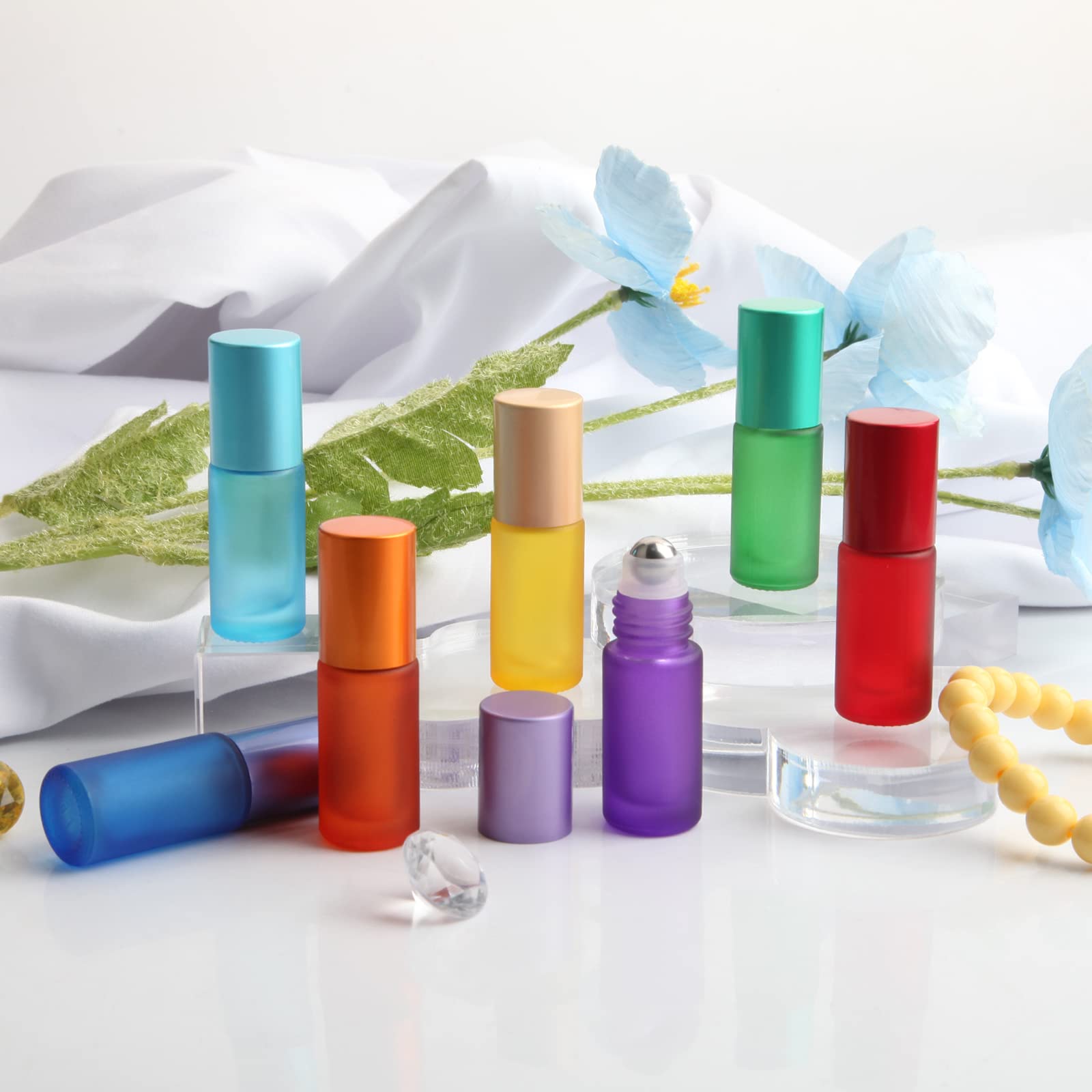 DKBT Bottiglie Ricaricabili 21 Pezzi Colorate Roll on Oli Essenziali 5ml Smerigliato Contenitori Roll on in Vetro con Sfera di Metallo per Oli Essenziali, Aromaterapia, Profumi
