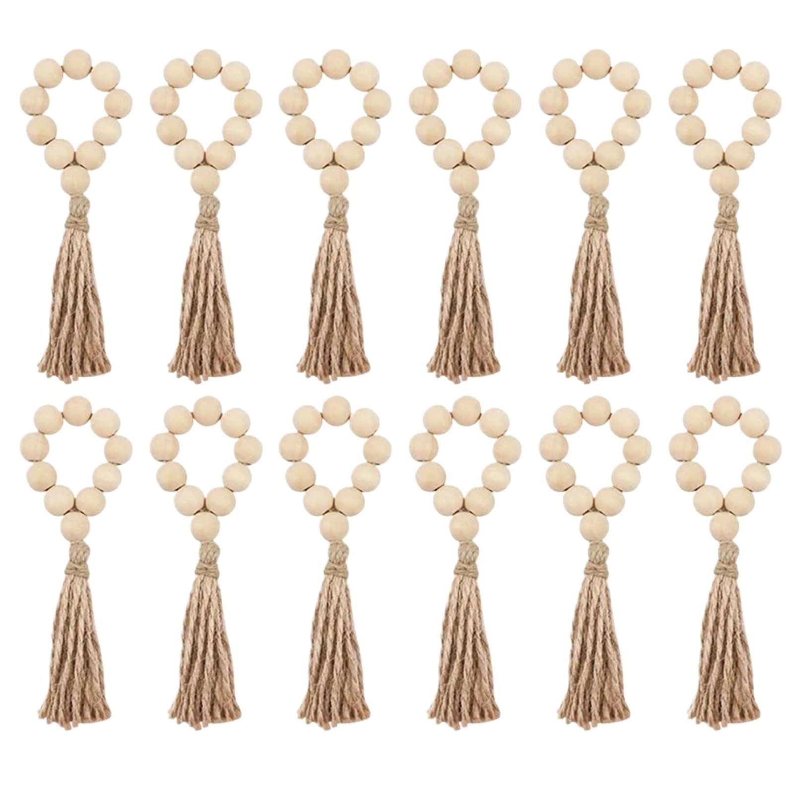 Anillos de servilleta para decoración de mesa, Servilleteros con borlas y cuentas de madera, 60 unidades. Decoración mesa boda boho