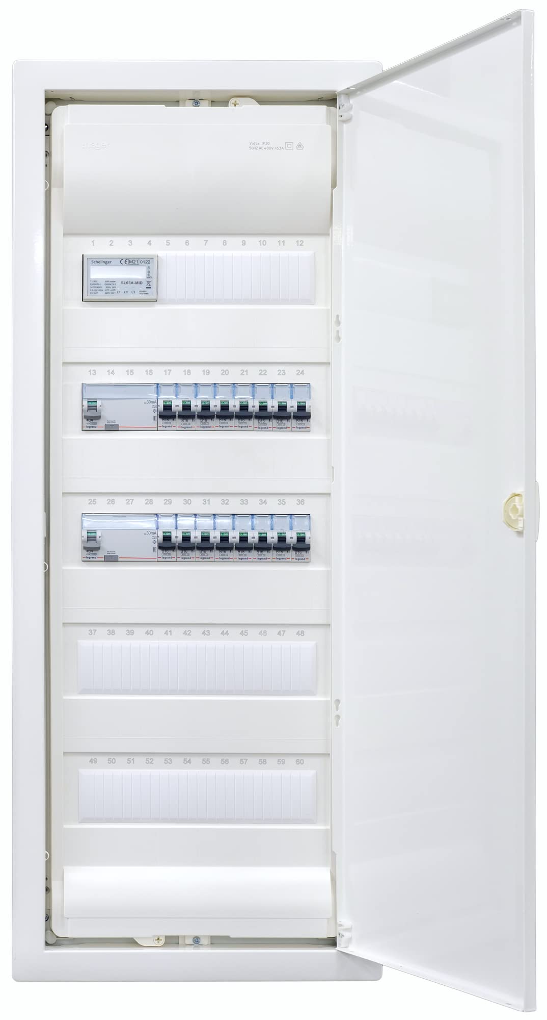 Hager Unterputzverteiler mit Zähler 5-reihig VU60NC I ANSCHLUSSFERTIG Verdrahtet mit Klemmblock I Bestückung Legrand 2x FI 4-polig + 16x LS B16A