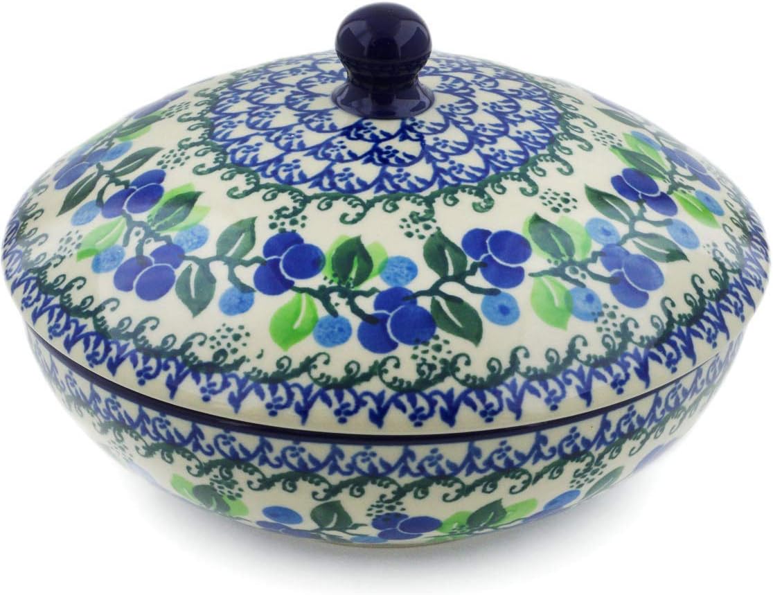 Polmedia Polish Pottery Jar with Lid - Limeberry Pattern Handmade in Boleslawiec Poland by Ceramika Artystyczna + Certificate of Authenticity