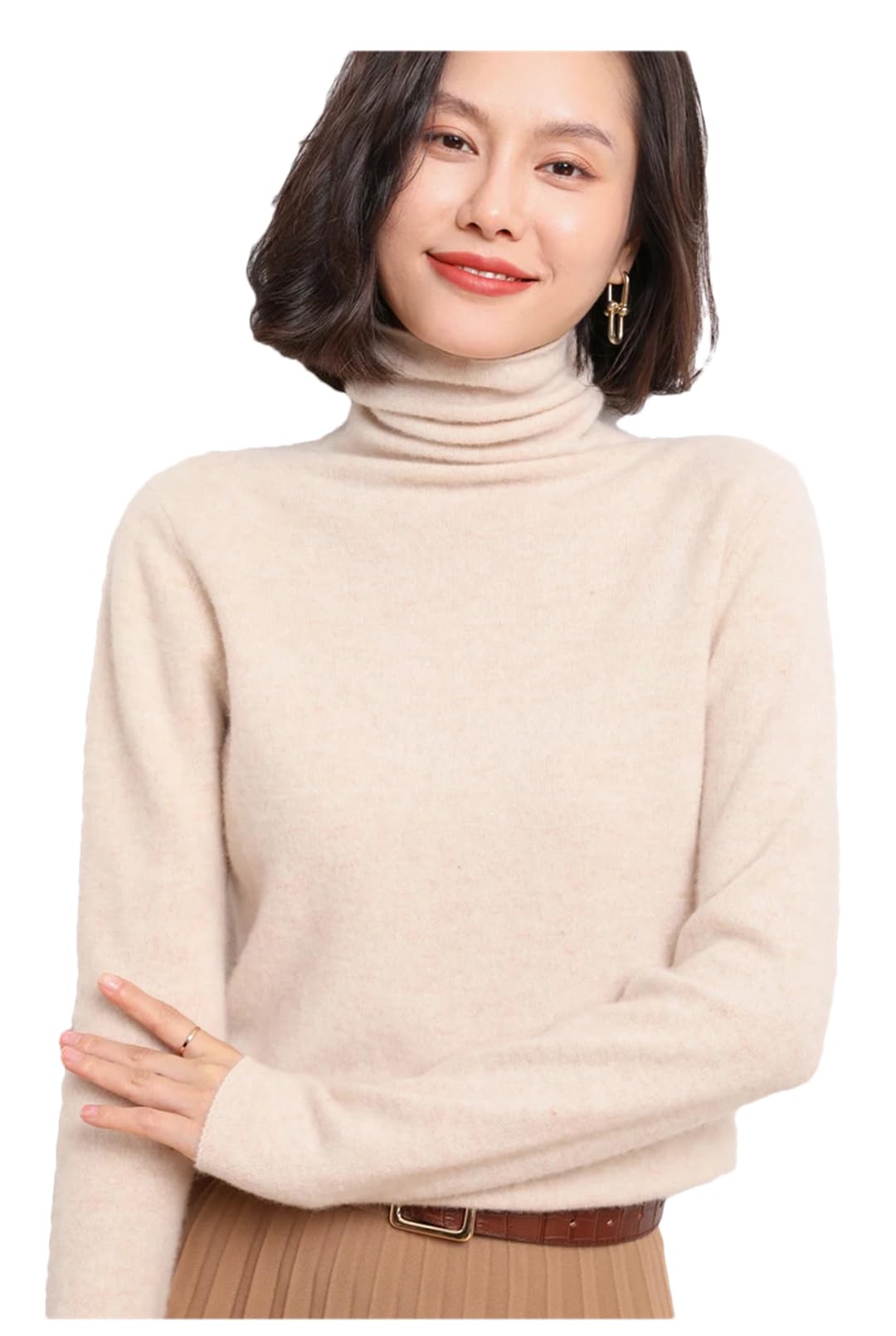 Maglione da donna a collo alto, tinta unita, a maniche lunghe, casual, lavorato a maglia, Beige, XXL
