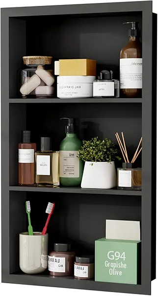 Giklux Stainless Steel Recessed Medicine Cabinet 14''*24'', Rust-Proof Metal Wall Niche, in Wall Shower Niche Shelf Insert Replacement, Recessed Medicine Cabinets for Drywall, Bathroom Storage, Black