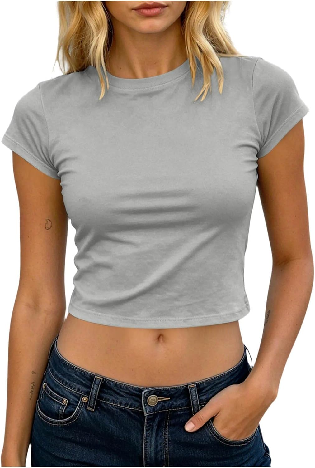 Women's Short Sleeve Crop Tops Soft Stretchy Basic Tees Slim Fit Crewneck Casual Summer Blouse Solid Color T-Shirts