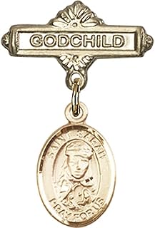 14kt Yellow Gold Baby Badge with St. Sarah Charm and Godchild Badge Pin 1 X 5/8 inches