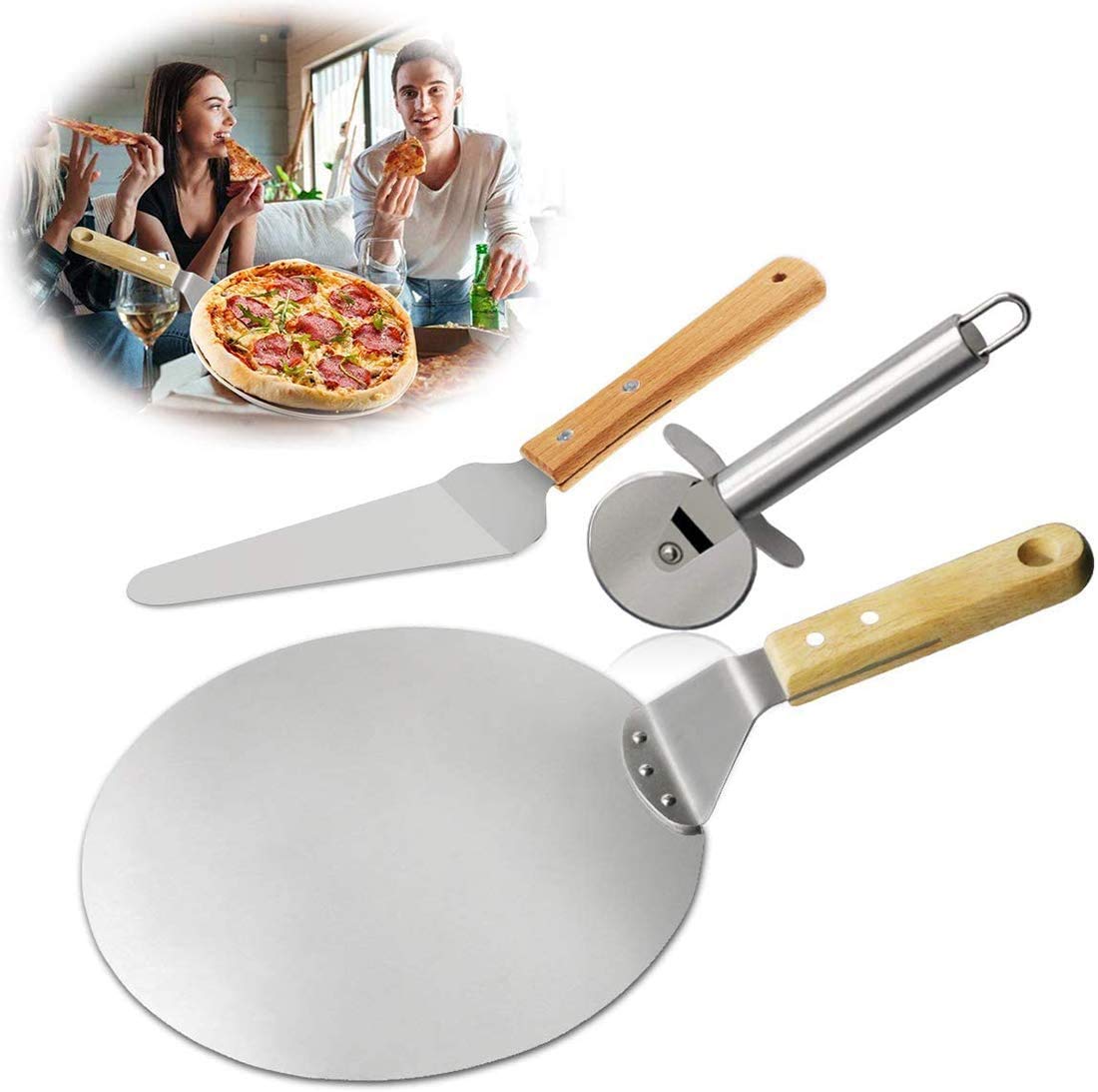 3 in 1 Pizza Paddle, DELFINO 3 Pieces Stainless Steel Wood Handle Wheel Cutter Transfer Shovel Baker Tools for Baking Pizza, Bread Pies and Cake on Oven and Grill, Silver