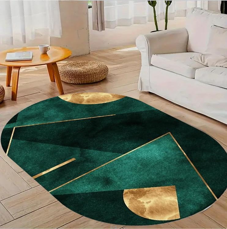 Alfombras dormitorio oval modernas de pelo corto color verde y oro 80x140cm