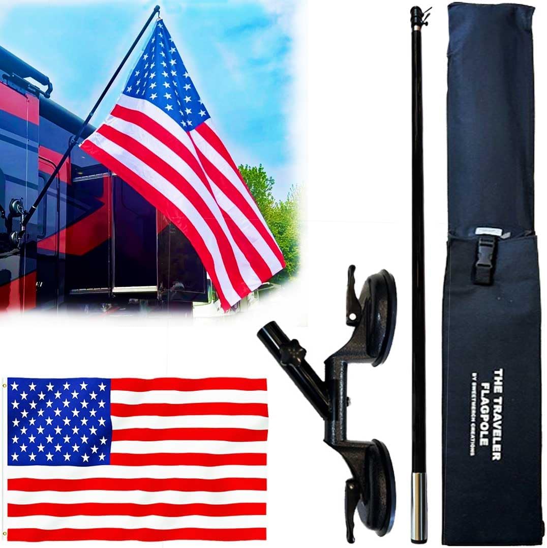 The Traveler RV Suction Cup Flag Pole Kit. Includes Double Sucion Cup Mount, 5ft Fiberglass Retractable Pole, A Beautiful 3'x5' US Flag And A Storage Bag.