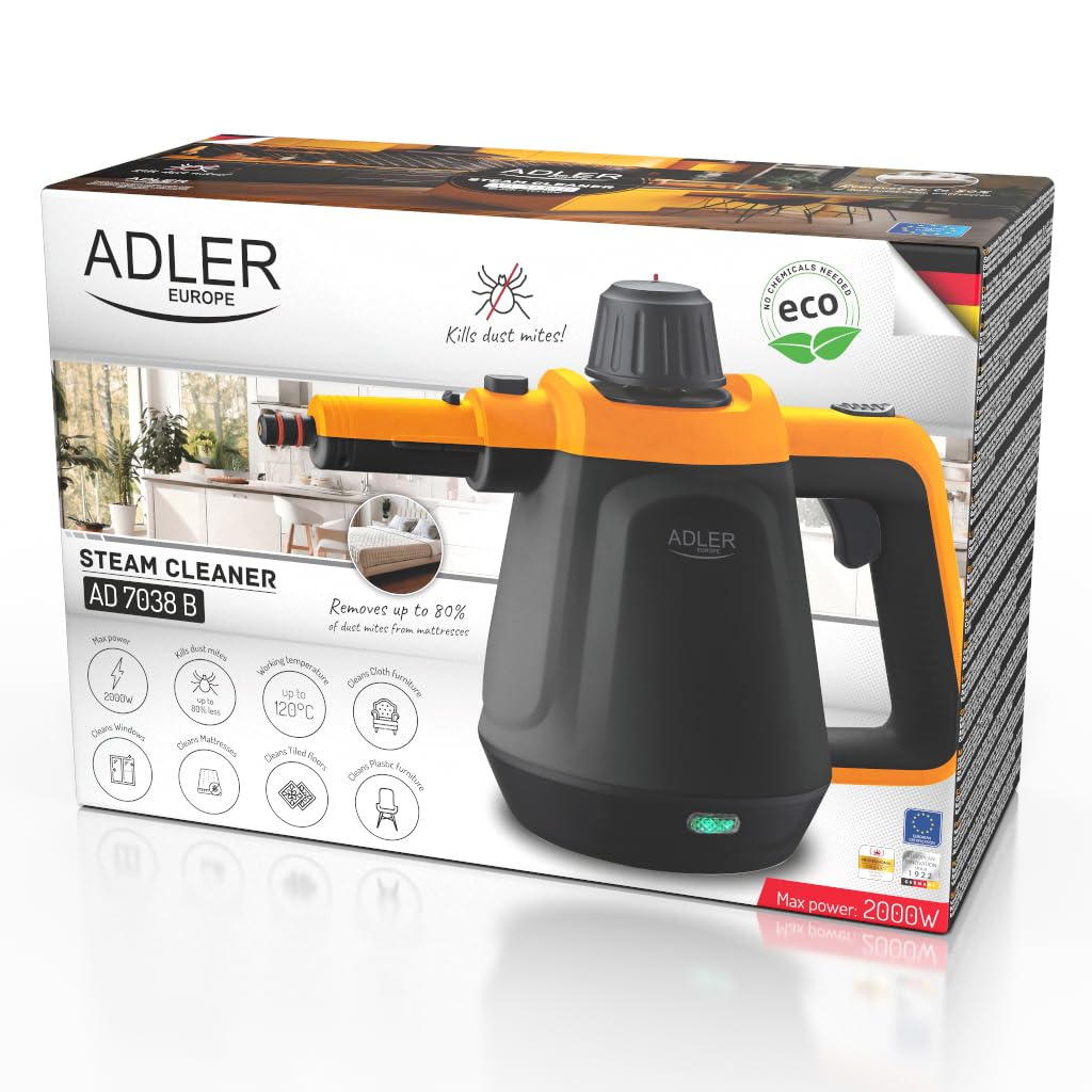 Adler Handdampfreiniger Set | Dampfreiniger + 13 Aufsätze, 3,5 Bar Druck & 120°C Heißdampf | Dampfente für Fugen & Dampfbesen für Böden | Löst Fett & Schmutz | Ideal für Fugen, Polster & Fenster
