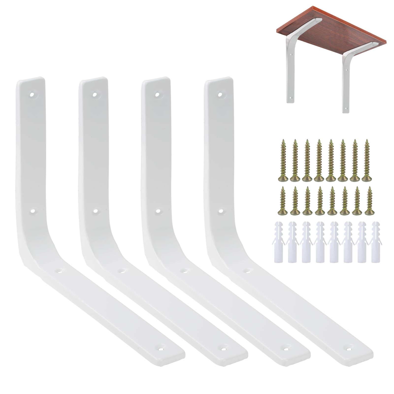 Fairblo 4Pcs White Shelf Bracket 250 x 200mm L Brackets for Shelves Heavy Duty Wall Mounted Brackets with Screws Metal Right Angle Bracket Shelf Support for Bookshelf Wood Board Garden Shelf