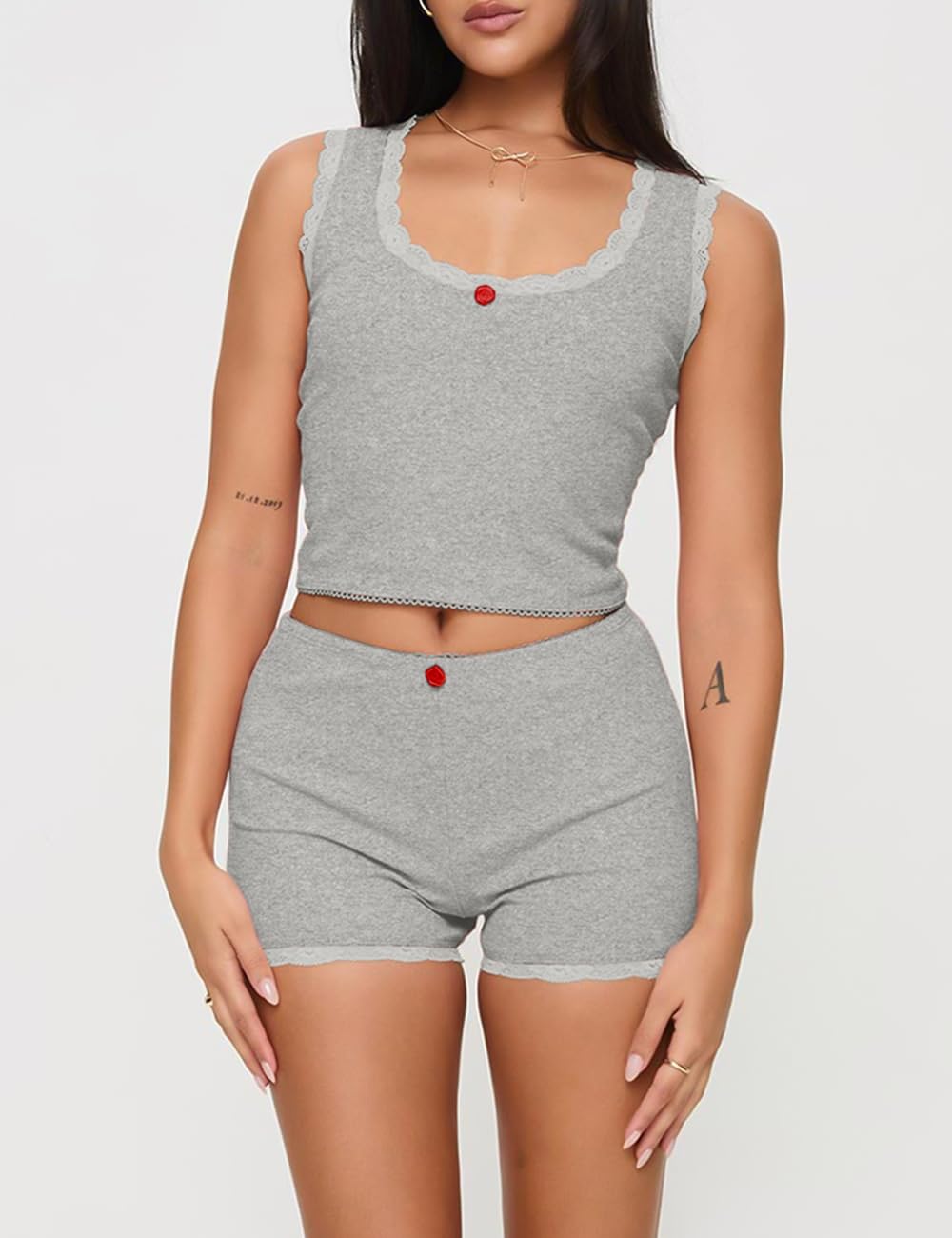 Supersun Pajama Sets For Women 2 Piece Ribbed Tank Top With Lace Trim High-rise Shorts Scooped Neckline Cute Pajamas Sleep Sets Wine Red, Medium: Gray Small