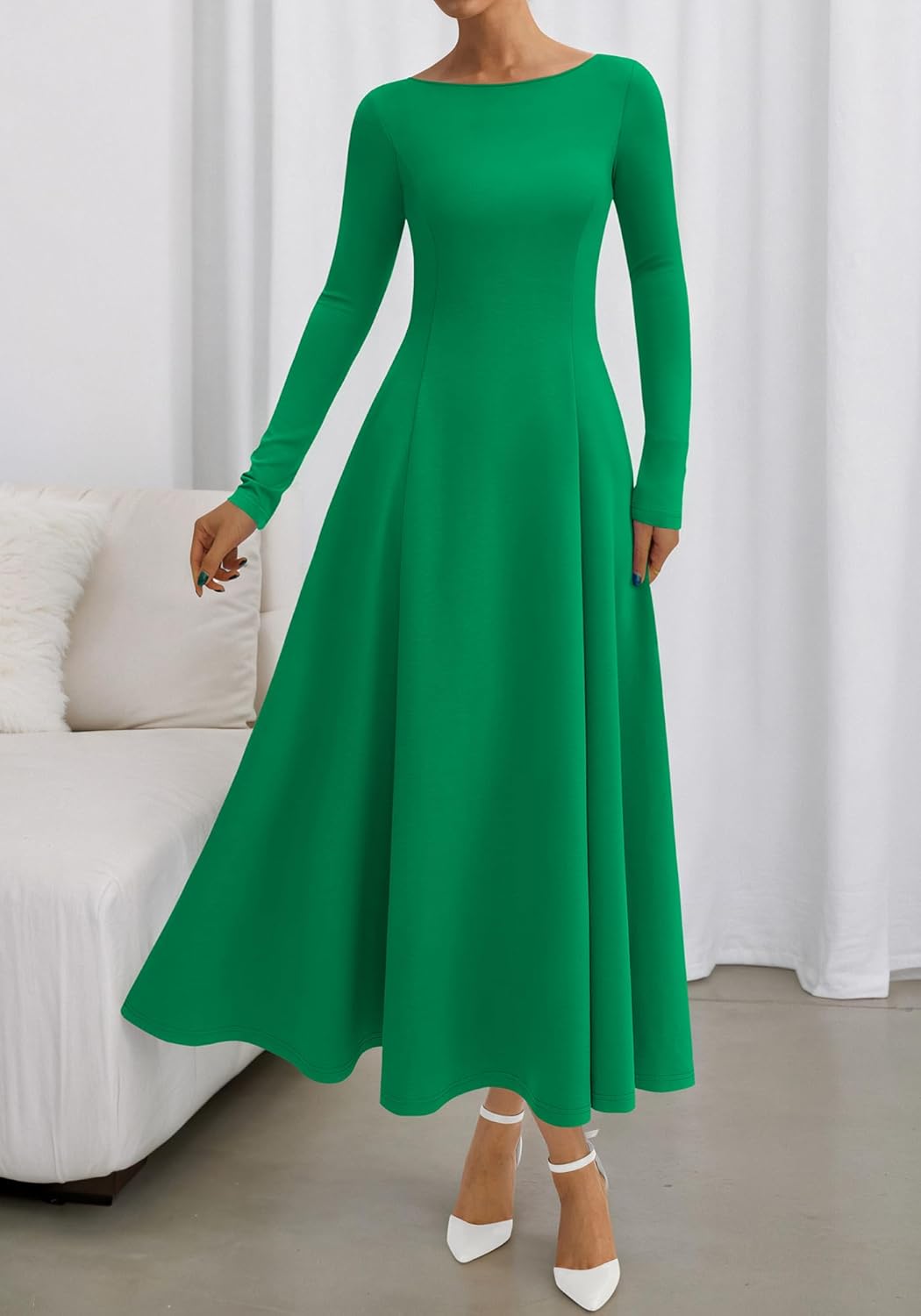 BTFBM Spring Dresses for Women 2026 Trendy Boat Neck Long Sleeve A Line Flowy Knit Loose Casual Elegant Party Maxi Dress - Image 6