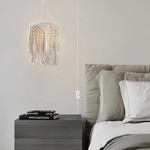 Miniatura 2 de Lámpara colgante bohemia enchufable, luces colgantes de 15 pies con cable de enchufe, lámpara colgante con pantalla de lámpara de macramé hecha a
