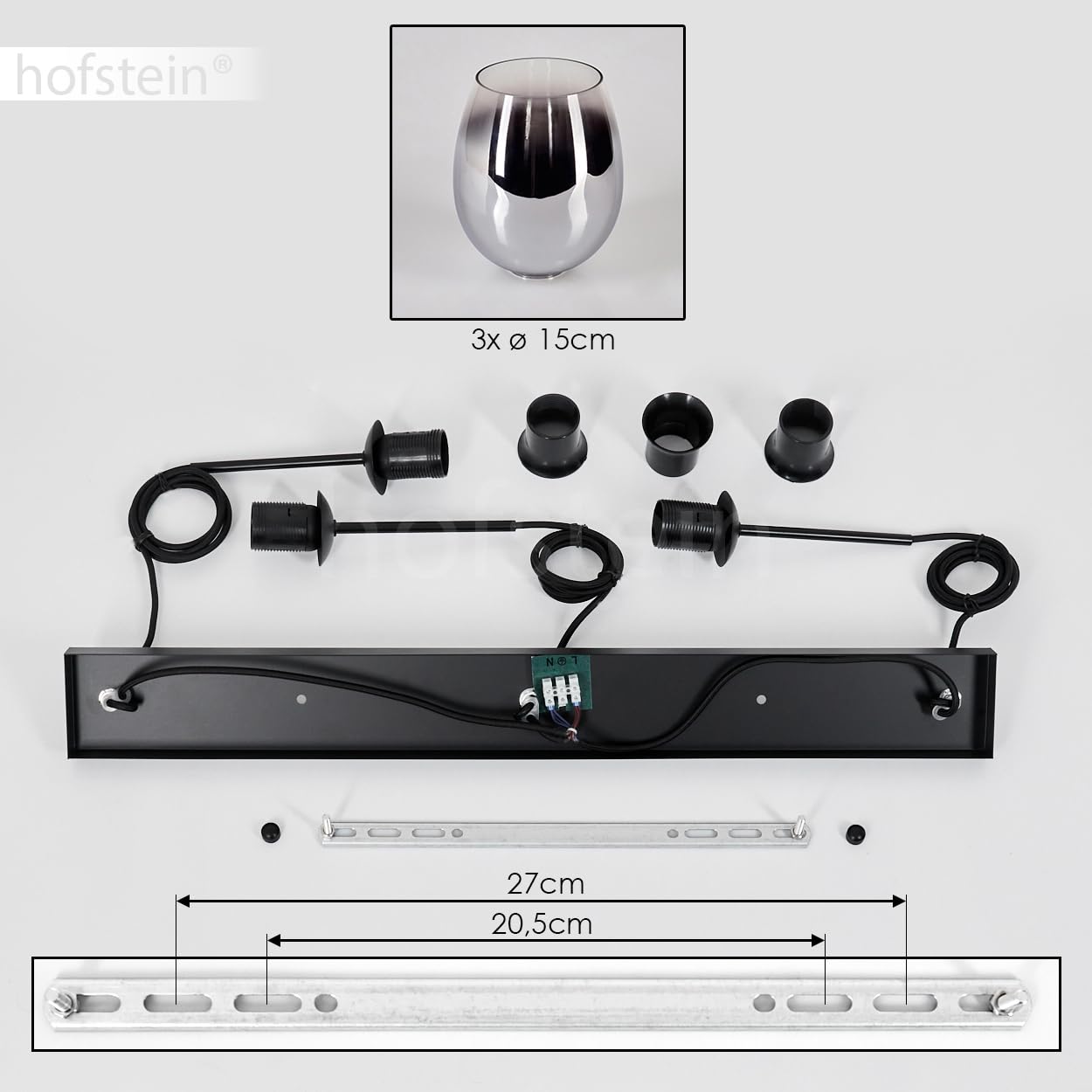 Pendelleuchte Vevino, Pendellampe aus Metall/Glas in Schwarz/Chromfarben/Klar, Leuchte im modernen Retro/Vintage-Design mit Schirmen aus Glas (Ø 15 cm), Höhe max. 150 cm, 3 x E27, ohne Leuchtmittel