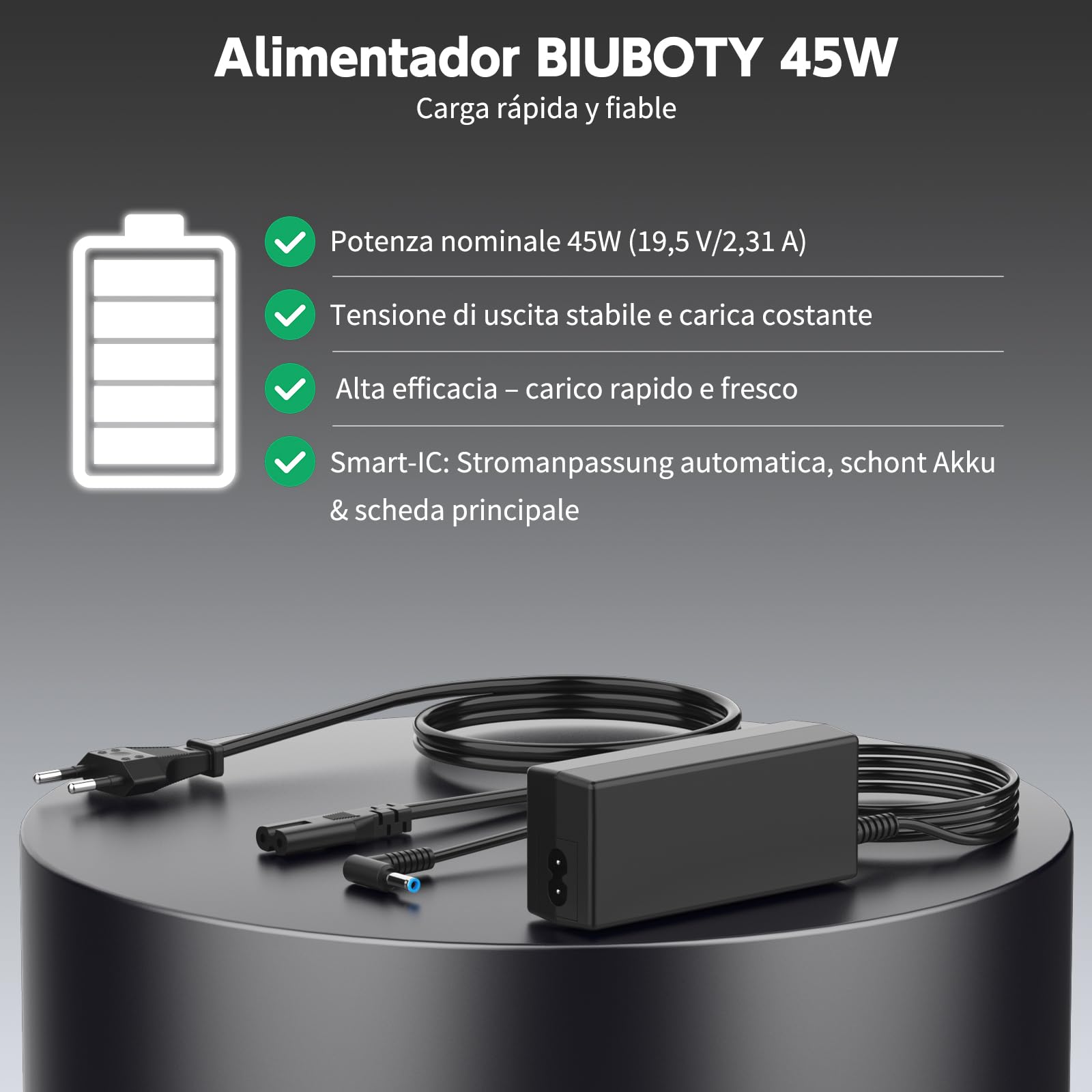 BIUBOTY 45W Caricatore PC Portatile 19.5V 2.31A Alimentatore Compatibile con HP Probook 430 440 450 455 Elitebook 840 850 250 255 G3 G4 G5 G6 G7 Pavilion X360 4.5*3.0mm
