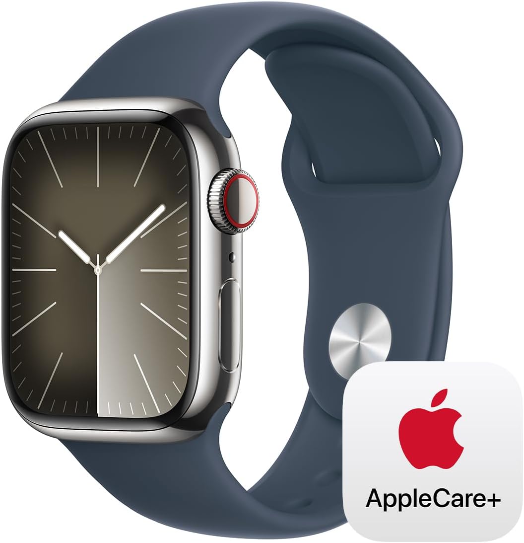 Apple Watch Series 9 [GPS + Cellular 41mm] Smartwatch with Silver Stainless Steel Case with Storm Blue Sport Band S/M. with AppleCare+ (2 Years)