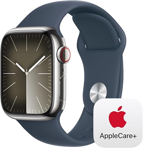 Apple Watch Series 9 [GPS + Cellular 1.614 in] Reloj inteligente con caja de acero inoxidable plateada con correa deportiva azul tormenta S/M. con