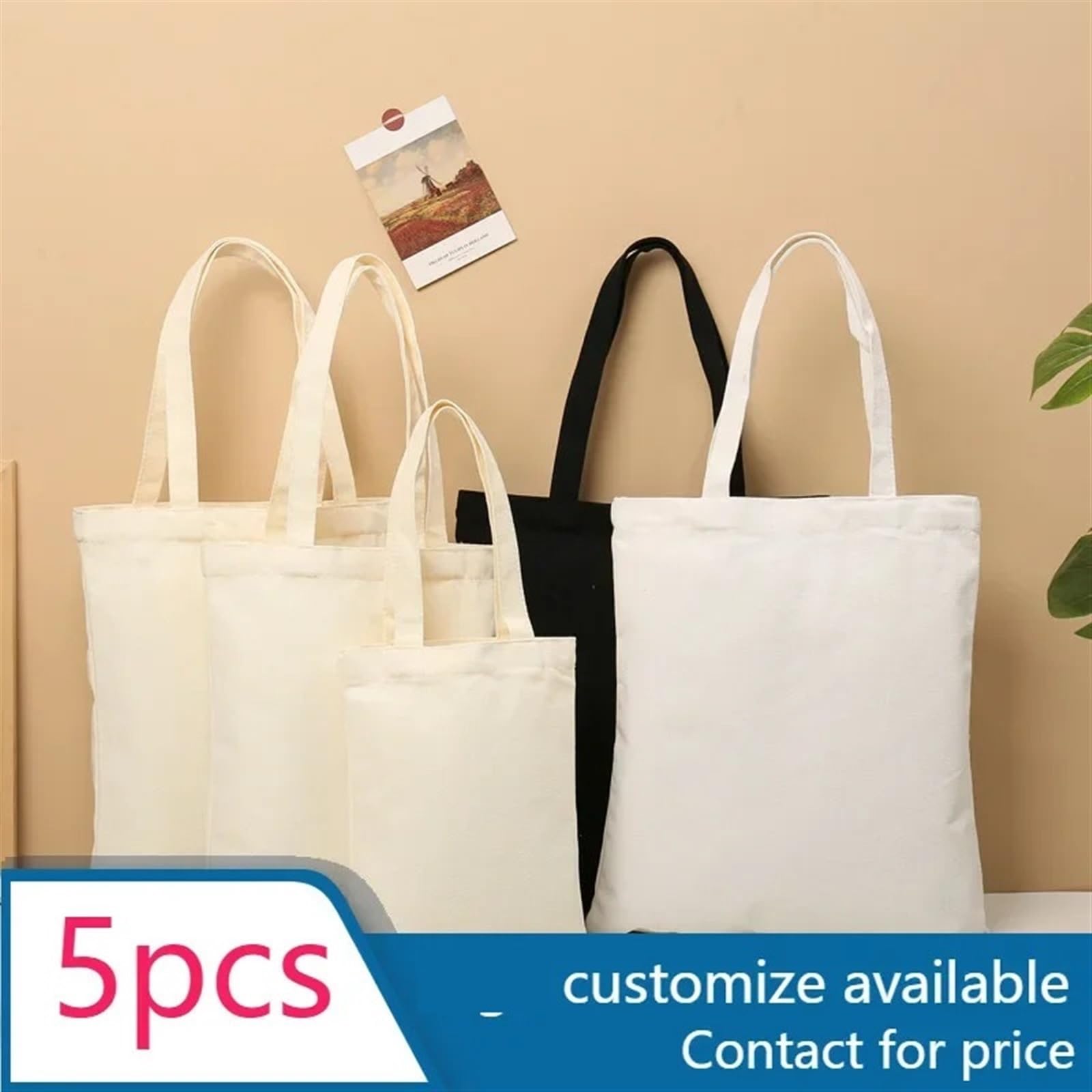5 Pezzi Borse for la Spesa in Tela Borse a Tracolla in Cotone Pieghevoli vuote Borsa for la Spesa Riutilizzabile Borsa Tote Tela(Black,20x22cm)