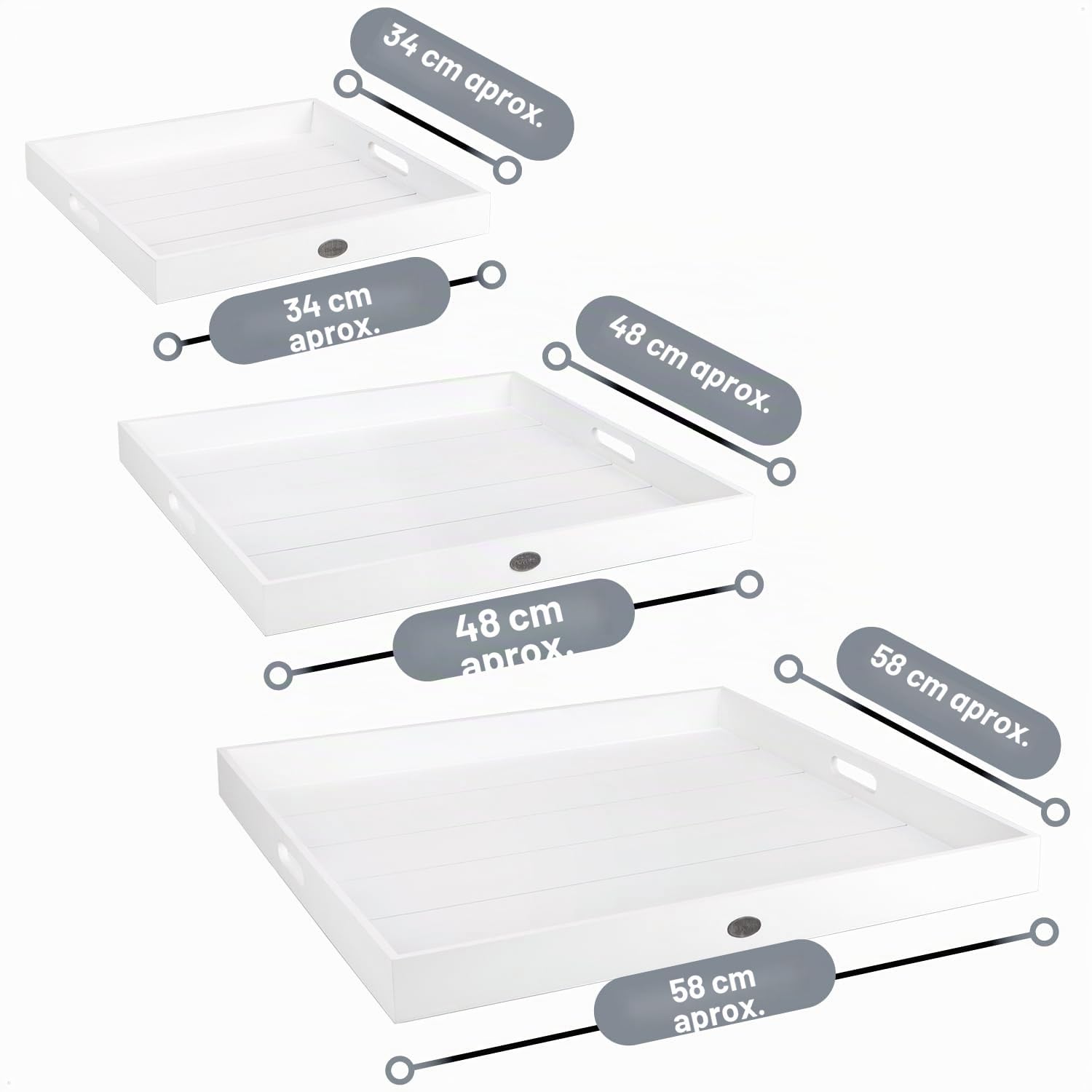 COM-FOUR® 3 Piezas Juego de Bandejas de Madera, Tableros Decorativos | Bandejas para Servir Blancas con Placa de Metal - Cuencos Decorativos