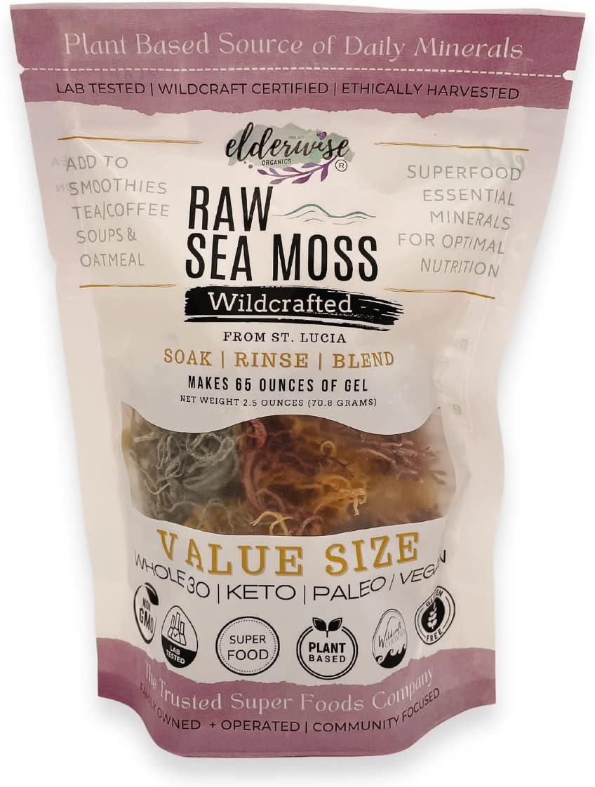 Elderwise Organics Made With Love Sea Moss | WILDCRAFTED | 2.5 oz That Makes 64 oz of Gel | Raw + Non GMO | Sundried | Mineral Rich | Saint Lucia Sea Moss | Golden (Full Spectrum)