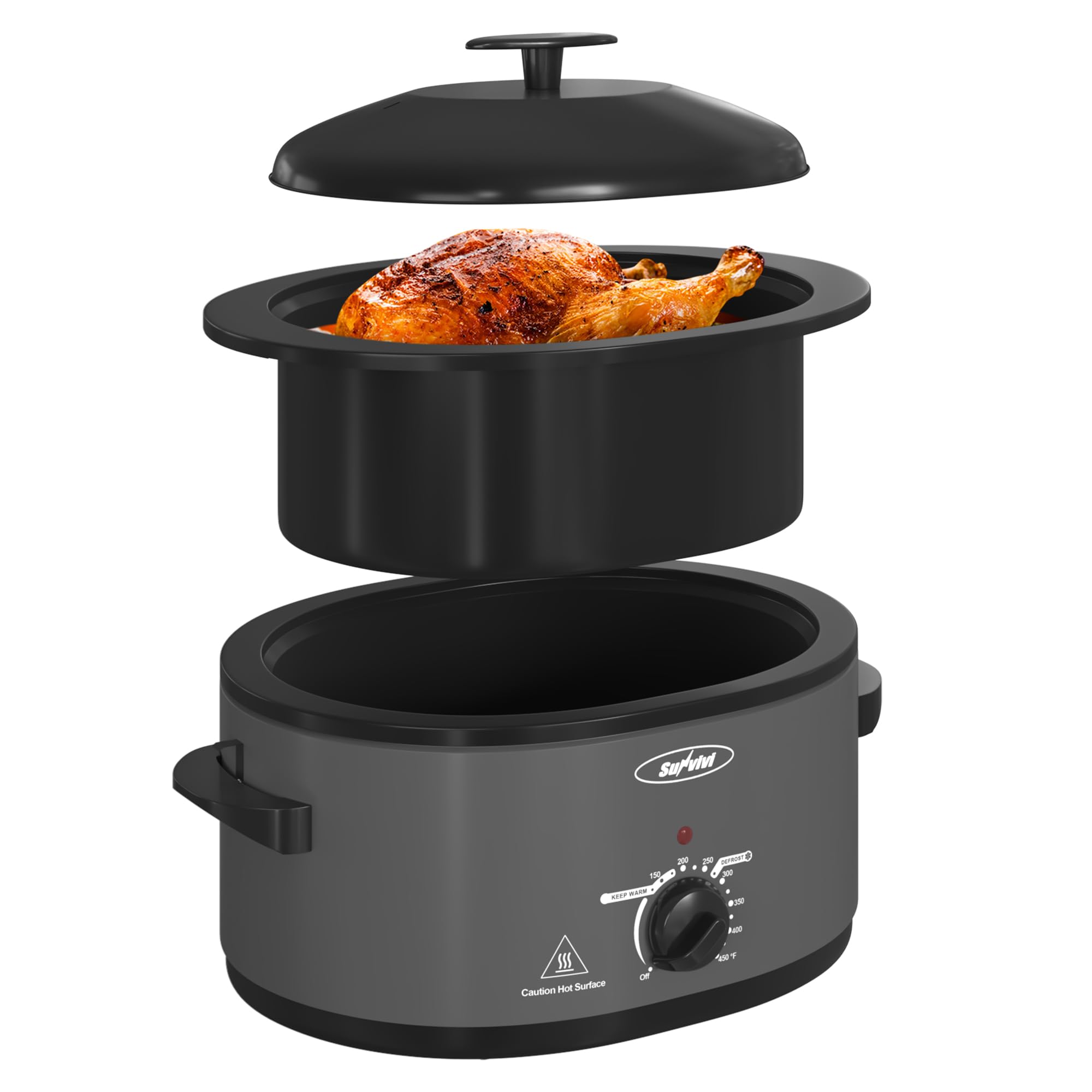 Sunvivi Roaster Oven with Self-Basting Lid, Electric 8-Quart Turkey Roaster Oven with Removable Pan and Rack, Stainless Steel, Grey