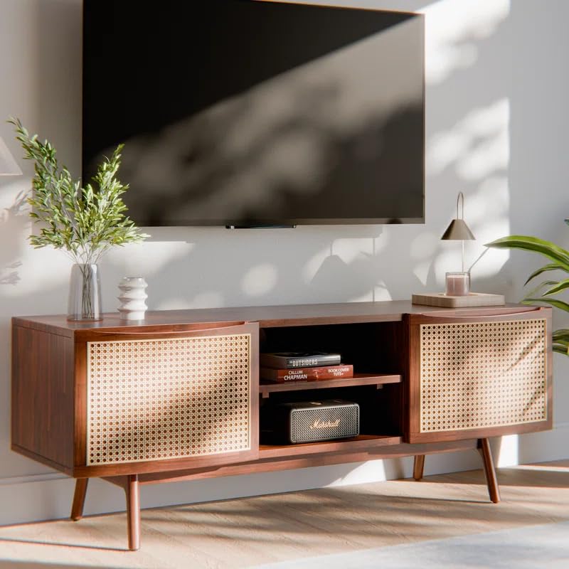 Solid Sheesham Wood TV Unit with 2 Door Cabinet and Open Shelf Storage | Wooden Media Console TV Stand | Rattan Cane Design Entertainment Center for for Living Room Furniture (Honey)-image-42