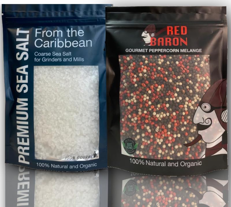 Recambio de sal marina real del Caribe prémium para molinillo y mezcla de pimienta gourmet Red Baron para molinillo, orgánica, 100% natural, apta