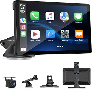 BOXGVO Wireless Carplay Screen for Car with 4K Dash Cam, 9" Portable Carplay & Android Auto, Car Touchscreen with 1080p Backup Camera, GPS/Voice Control/FM//Mirror Link/Bluetooth