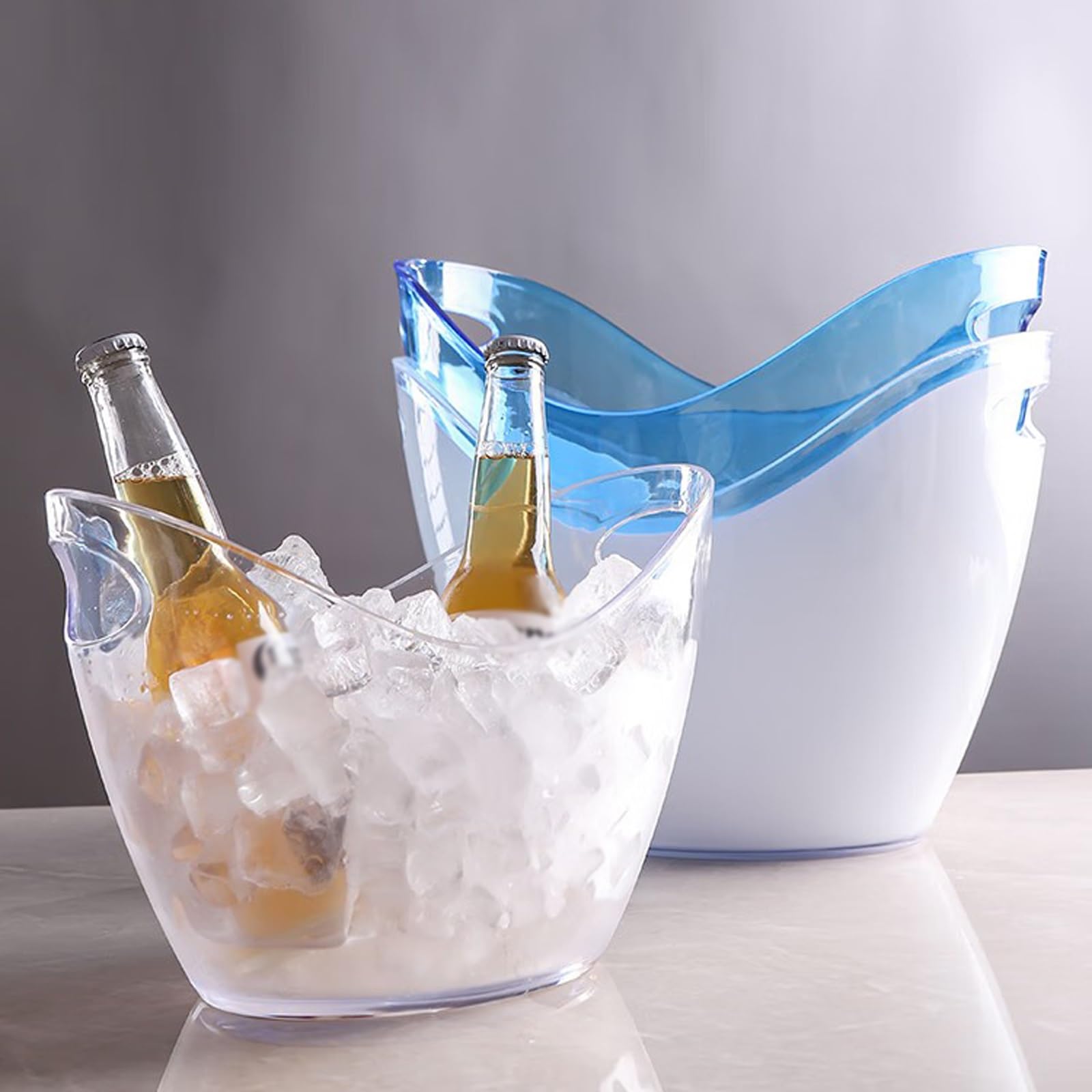 Cubiteras Cubitera acrílica de 8 litros con Pinzas for Hielo, Cubo Almacenamiento Ovalado Tina plástico, Cubos for 2 Botellas Vino o champán(Transparent)