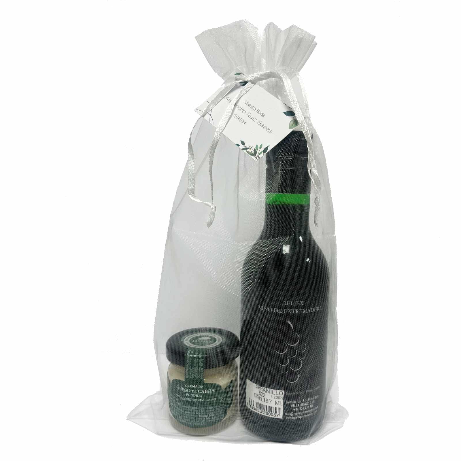 Lote de vino tinto tempranillo con tarro gourmet de queso de cabra de 30 g cristal en bolsa de organza para invitados (Pack 24 ud)