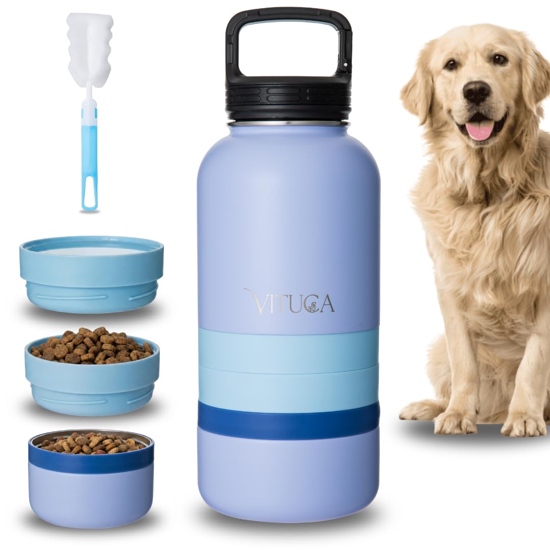 Bebedero Perro Portátil 1L de Acero Inoxidable Aislado | Botella Agua Perro Ultra Resistente con Compartimentos para Comida y Premios | Sistema 3 en 1 para Paseo y Viaje