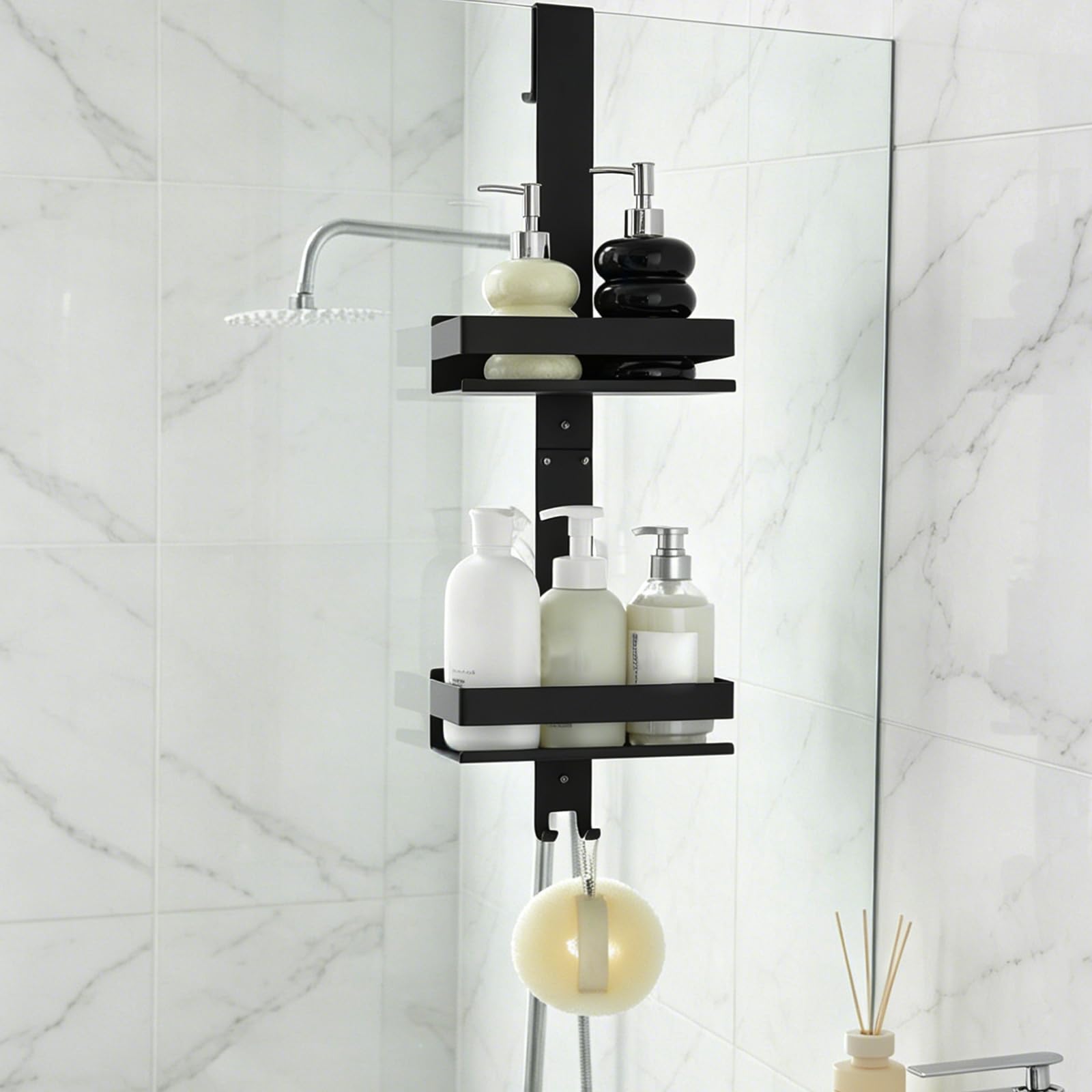SHUNLI Hanging Over Door Shower Caddy - No Drilling Organiser Rust-Resistant Shower Organizer Hanging, 2 Tier Bathroom Storage Rack Shelves With Hook (Black)