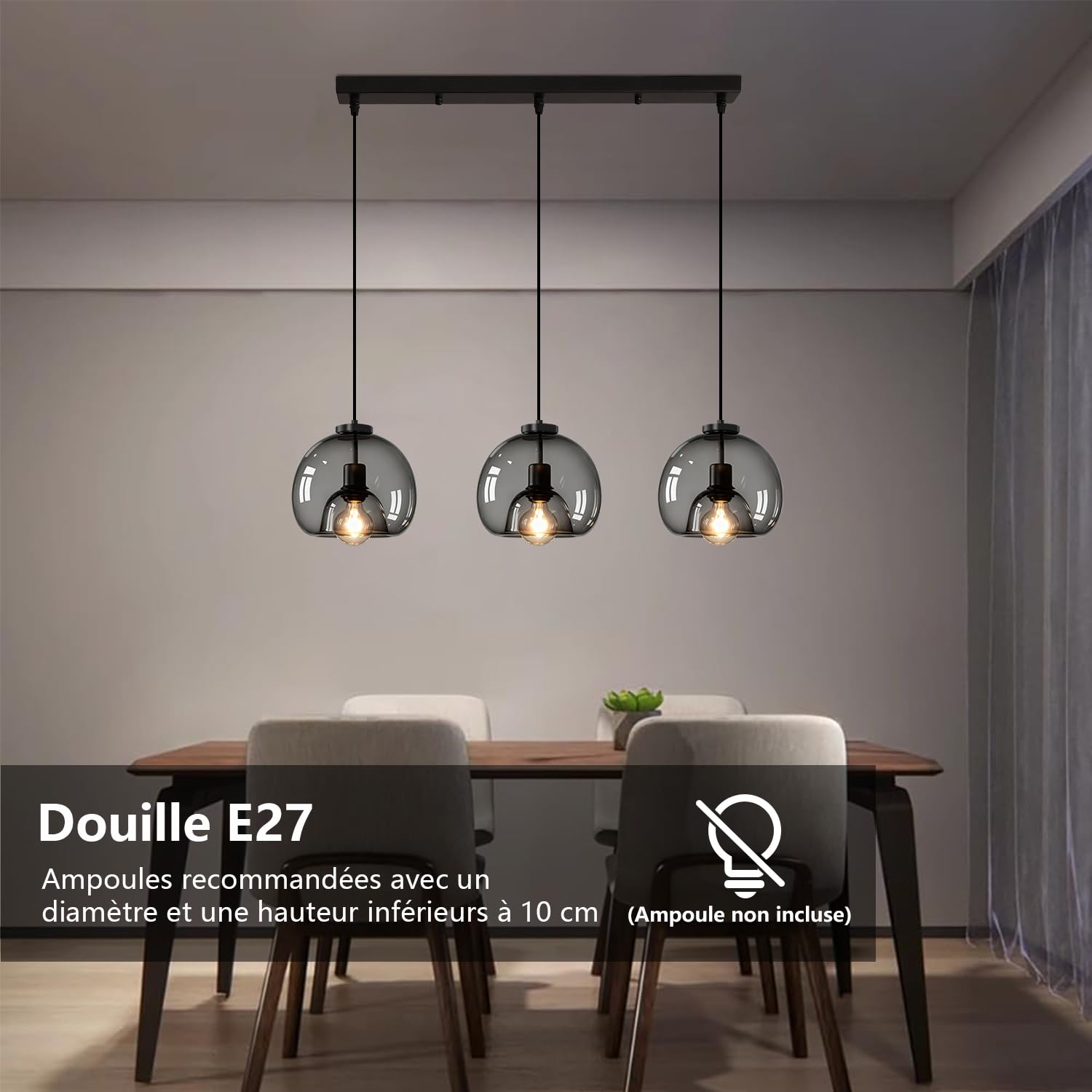 Suspension Luminaire en Verre Vintage, 3 Lampes Lustre Plafonnier E27, Noir | Hauteur Réglable, Abat-jour en Verre Noir, Rétro Lampe Suspension de Table à Manger, Eclairage de Plafond Pour Salon, Cuisine