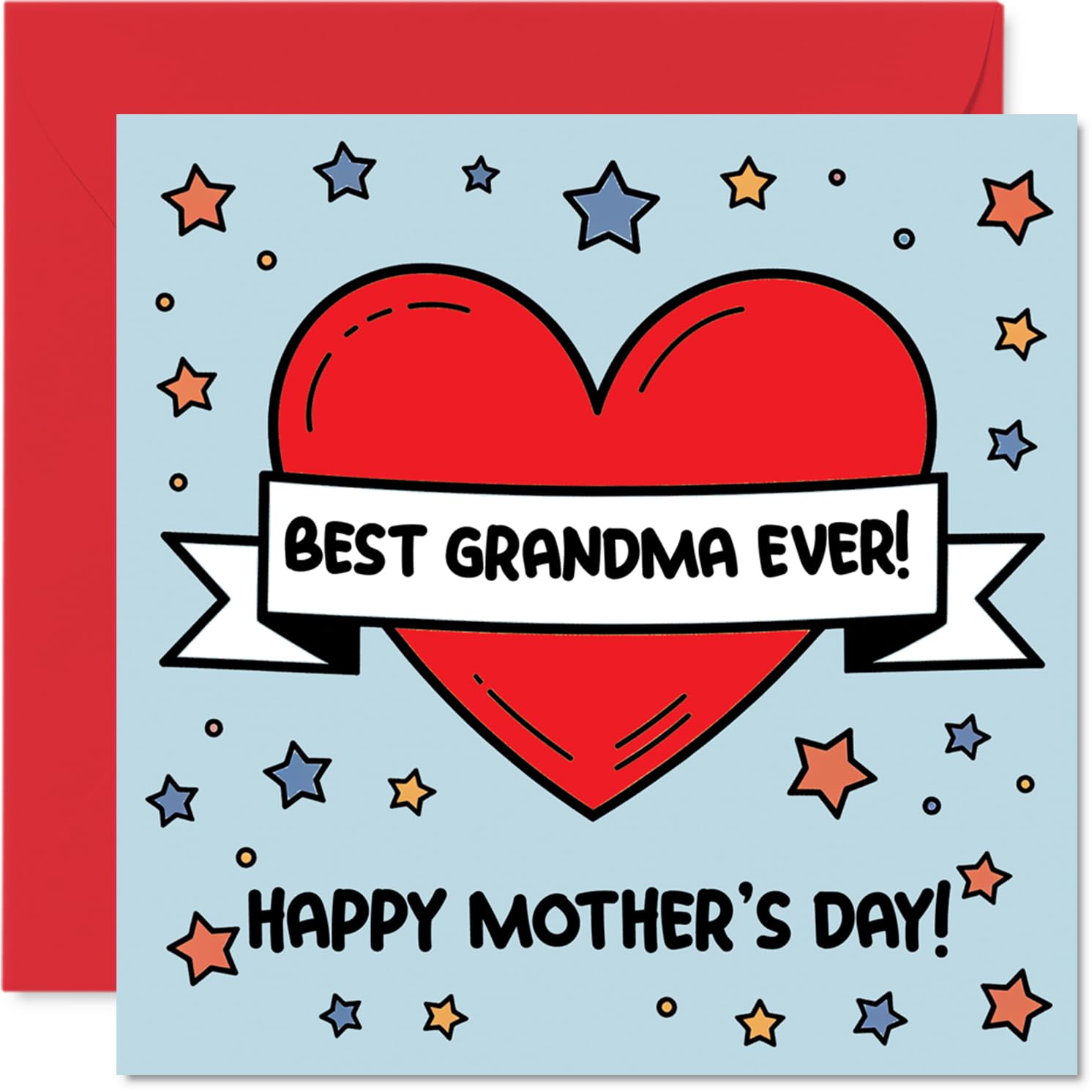 Heartfelt Mother's Day Card for Grandma - Bursting with Love and Stars - Cheerful Red Heart Design with Playful Yellow and Blue Accents - 145mm Square, Envelope Included
