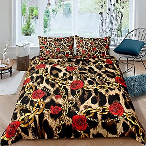 Leopard Comforter Cover King Size,Africa Big Cat Skin Duvet Cover with 2 Pillowcase,Golden Chain with Rose Breathable 3 Pieces,Wild Animal Chic Bedding Set,Boys Girls Gift Cover
