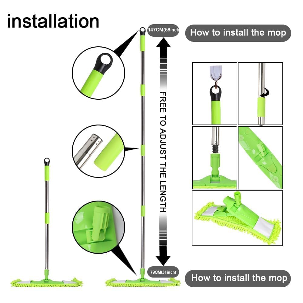 Trapeador de polvo para limpieza de suelos con 2 almohadillas de felpilla lavables y mango extensible de 55 pulgadas de largo, mopa plana seca y húmeda con estropajo para madera dura, laminado,