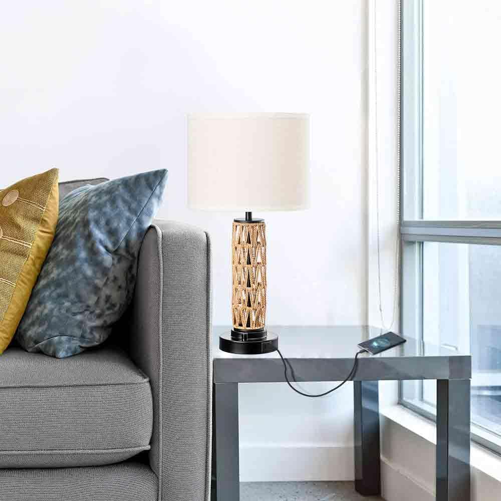 Desk Lamps, Rattan Table Lamp with USB Ports, Dimmable Bedside Lamp, 21.6 inch Height, White Shade