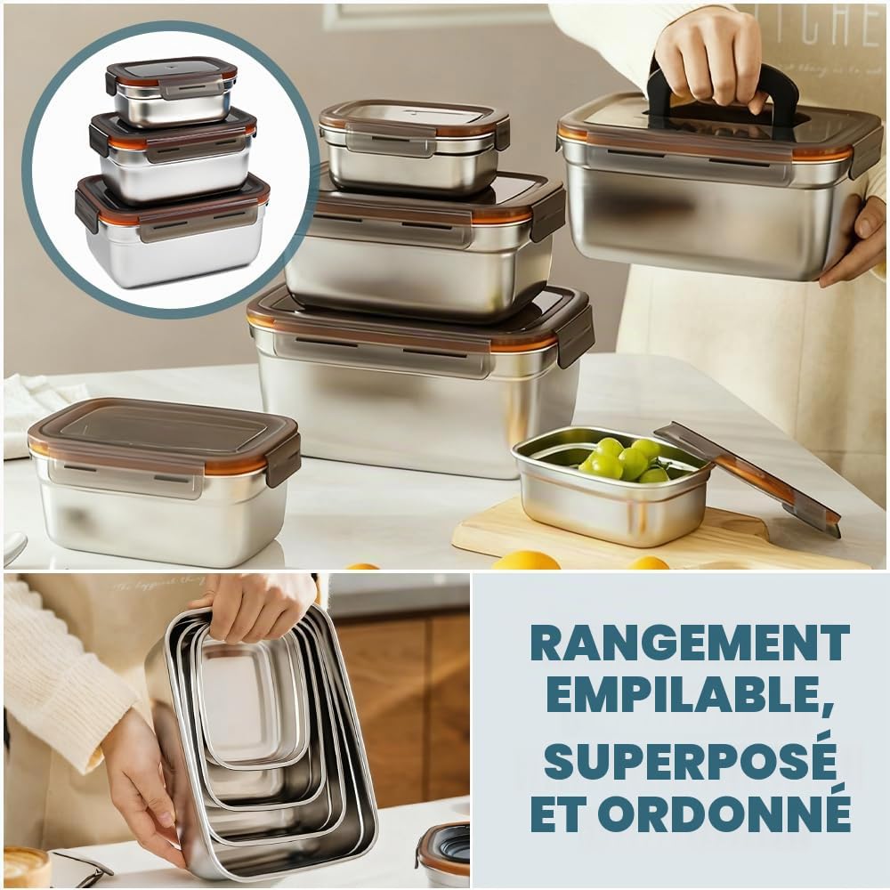 Lot de 4 Boîtes de Conservation en Acier Inoxydable, 550ml/ 1100ml/ 1900ml/ 3500ml Boites de Conservation Alimentaire avec Couvercles Hermétiques Boîtes Alimentaires pour Four et Congélateur