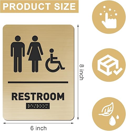 Vista 2 de Oudain Ada Compliant - Letrero de baño con braille unisex, para discapacitados, para restaurante de negocios (dorado, 1 unidad)